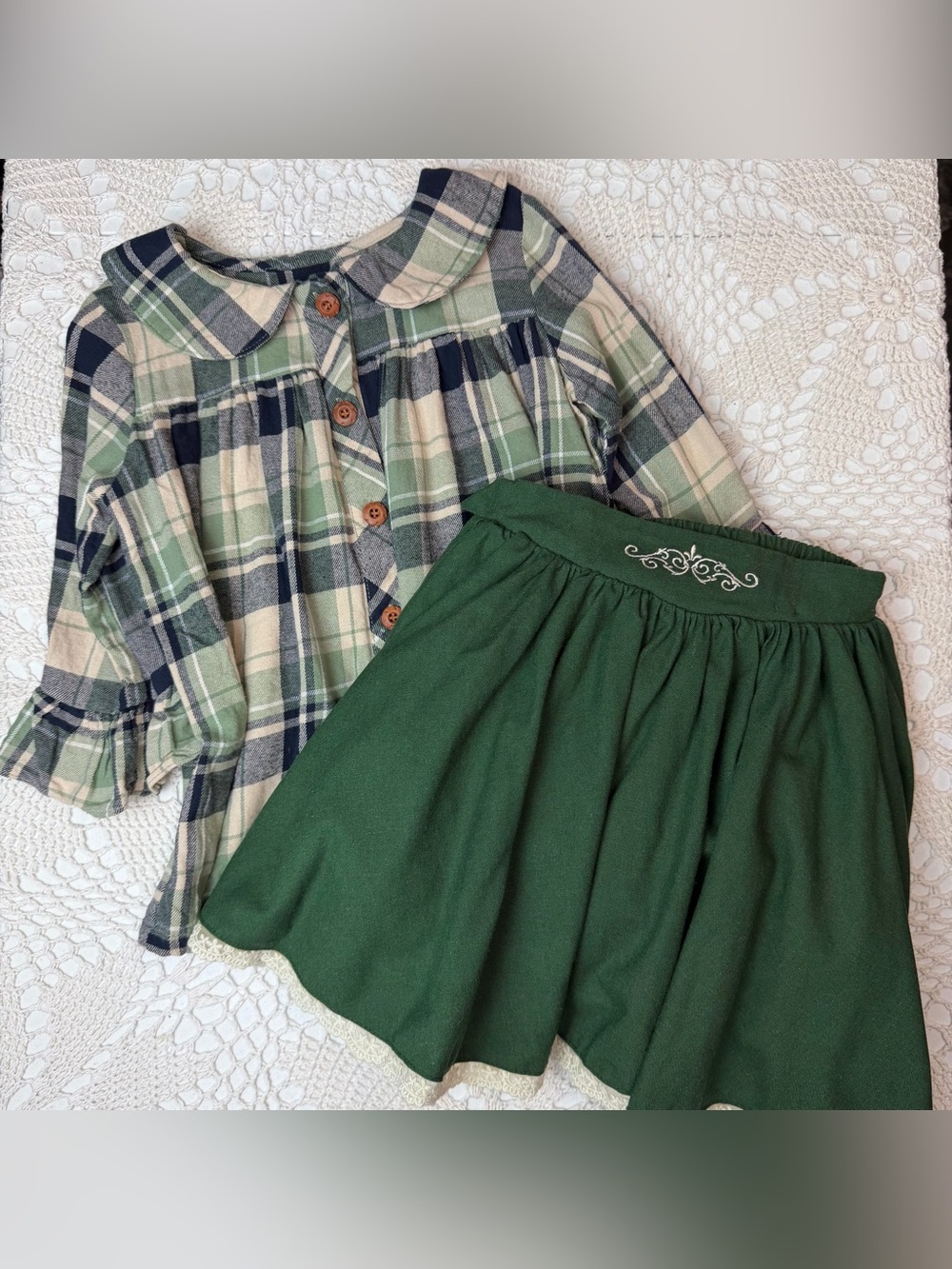 Girl August 7 Years Green Skirt Plaid Blouse Outfit Boutique Holiday Set